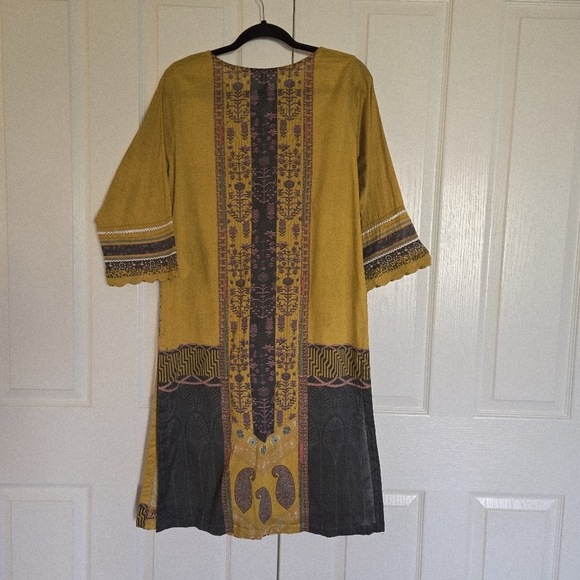 Printed Long Top Yellow Kameez 100% Cotton Causal Wear Dress Size L - Picture 4 of 9